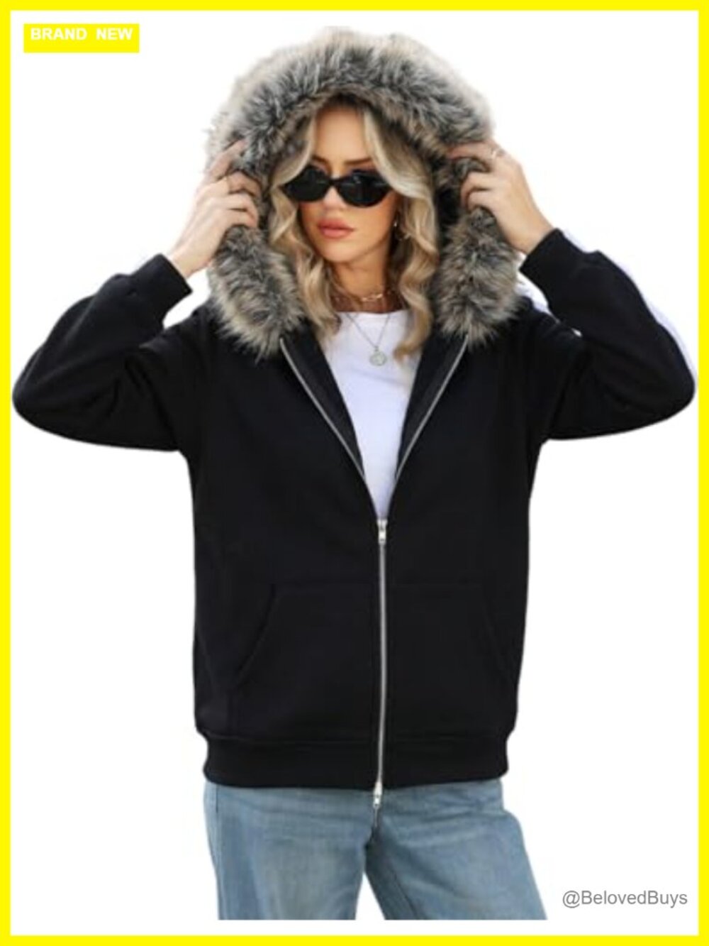 Y2K Zip Up Hoodie Faux Fur Trim Oversized Grunge Sweatshirt